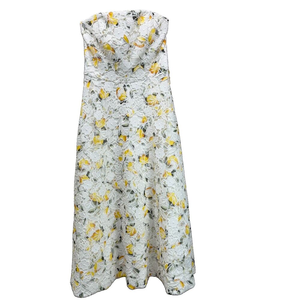 WHITE HOUSE BLACK MARKET Size 2 Lemon Patterned Lace Overlay Strapless Dress - Picture 1 of 9